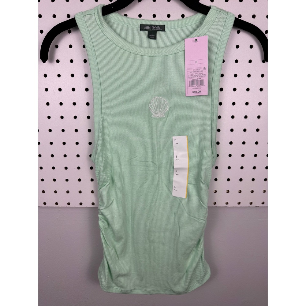 Wild Fable Mint Green Ribbed Shell Embroidered Ruched Side Tank Top Small NWT